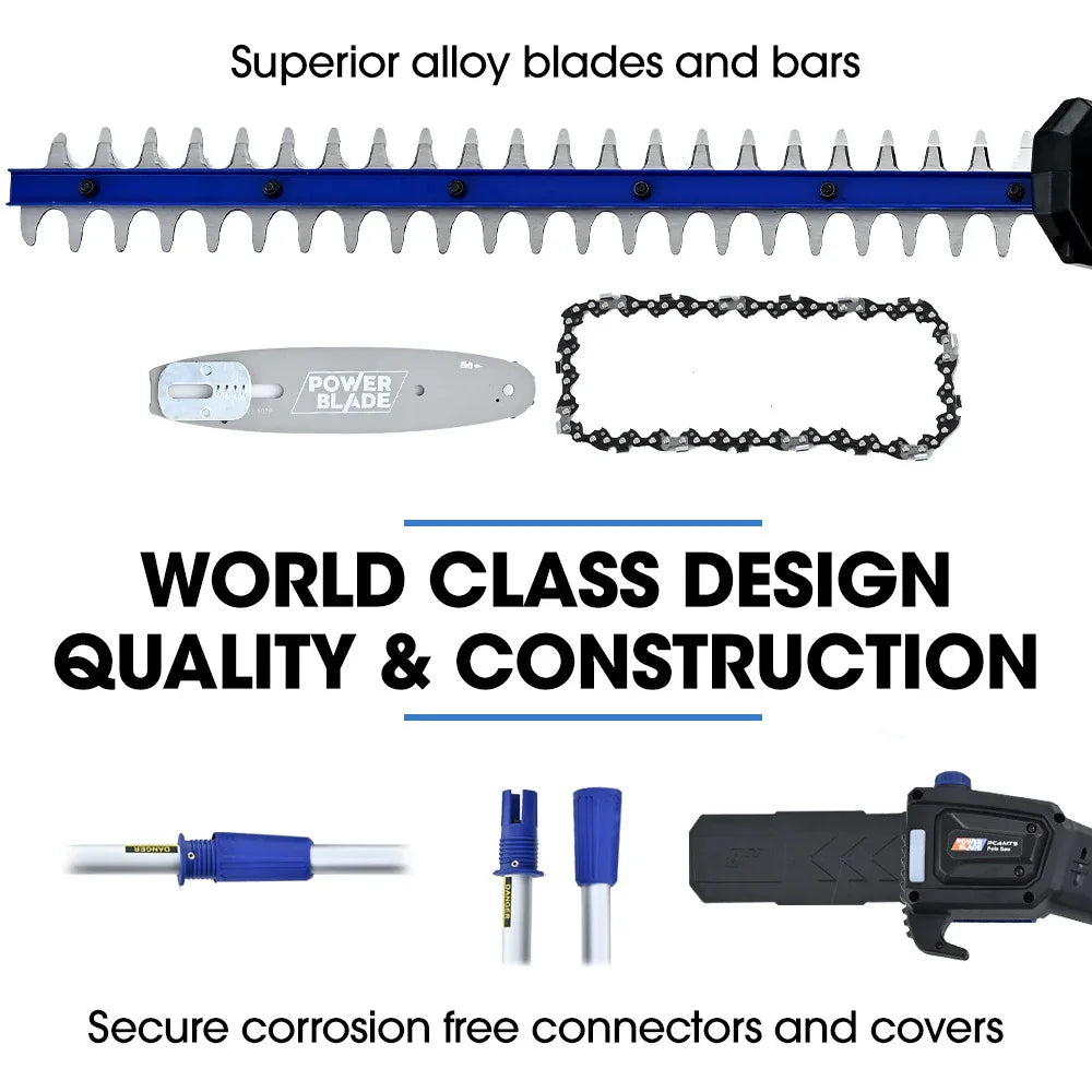 POWERBLADE 20V Cordless Pole Saw & Hedge Trimmer Combo, 8" Chainsaw Pruner & 20" Hedger, Telescopic Handle, Battery and Fast Charger Kit - Mekamart Australia