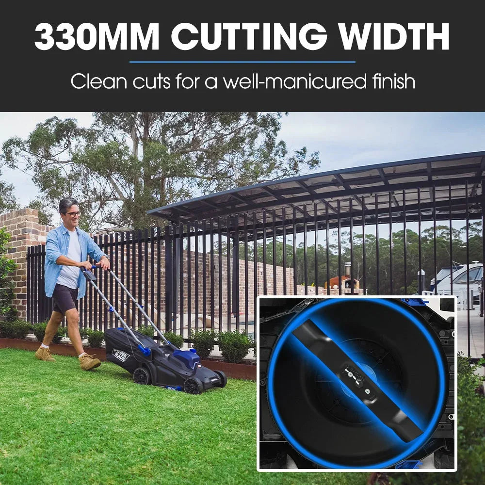 POWERBLADE 350CX 20V 13" Cordless Lawn Mower Kit, Fast Charger, 4Ah Battery, 5 Height, Brushless Electric, 330mm Cutting Path - Mekamart Australia