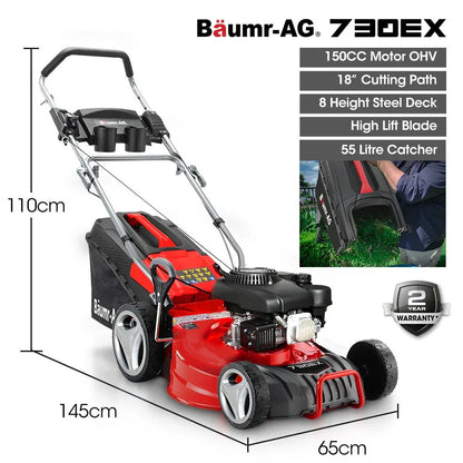 BAUMR-AG 18" 150cc Lawn Mower, 8 Heights, Steel Deck, Cup Holders, 4-Stroke Petrol Lawnmower - 730EX - Mekamart Australia