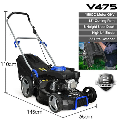 POWERBLADE 18" 150cc Lawn Mower, 8 Height, Steel Deck, 4-Stroke Petrol Lawnmower - V475 - Mekamart Australia