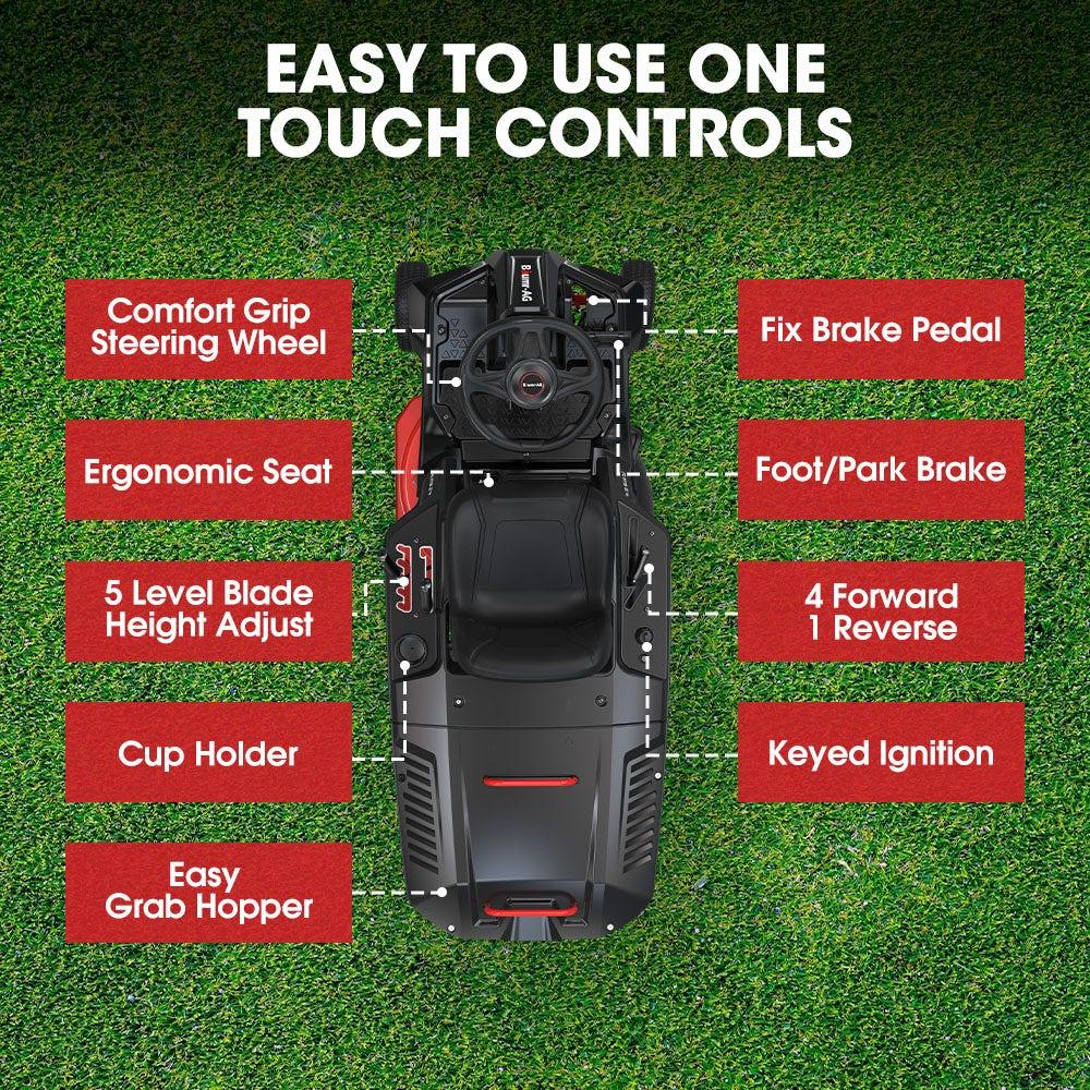 BAUMR-AG 24" Ride On Lawn Mower, Lithium Electric Start System, 6HP 224cc, 5 Cut Heights, Catcher and Mulch Kit - Mekamart Australia