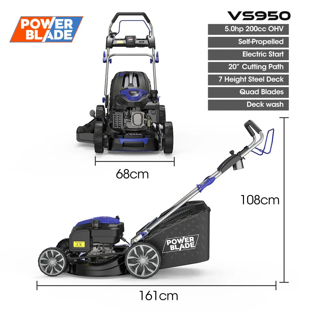 POWERBLADE 20" 200cc Self-Propelled Lawn Mower, Electric Start, 7 Height, Steel Deck, Deck Wash Port, OHV 4-Stroke Petrol - VS950 - Mekamart Australia