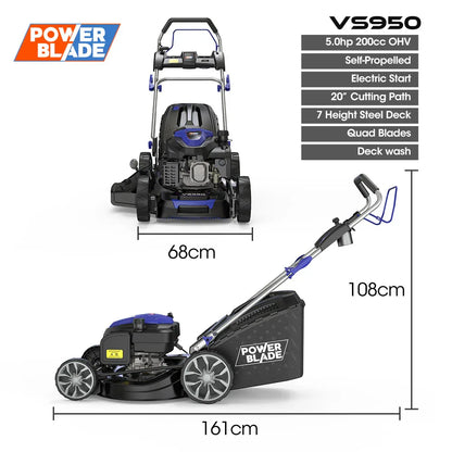 POWERBLADE 20" 200cc Self-Propelled Lawn Mower, Electric Start, 7 Height, Steel Deck, Deck Wash Port, OHV 4-Stroke Petrol - VS950 - Mekamart Australia
