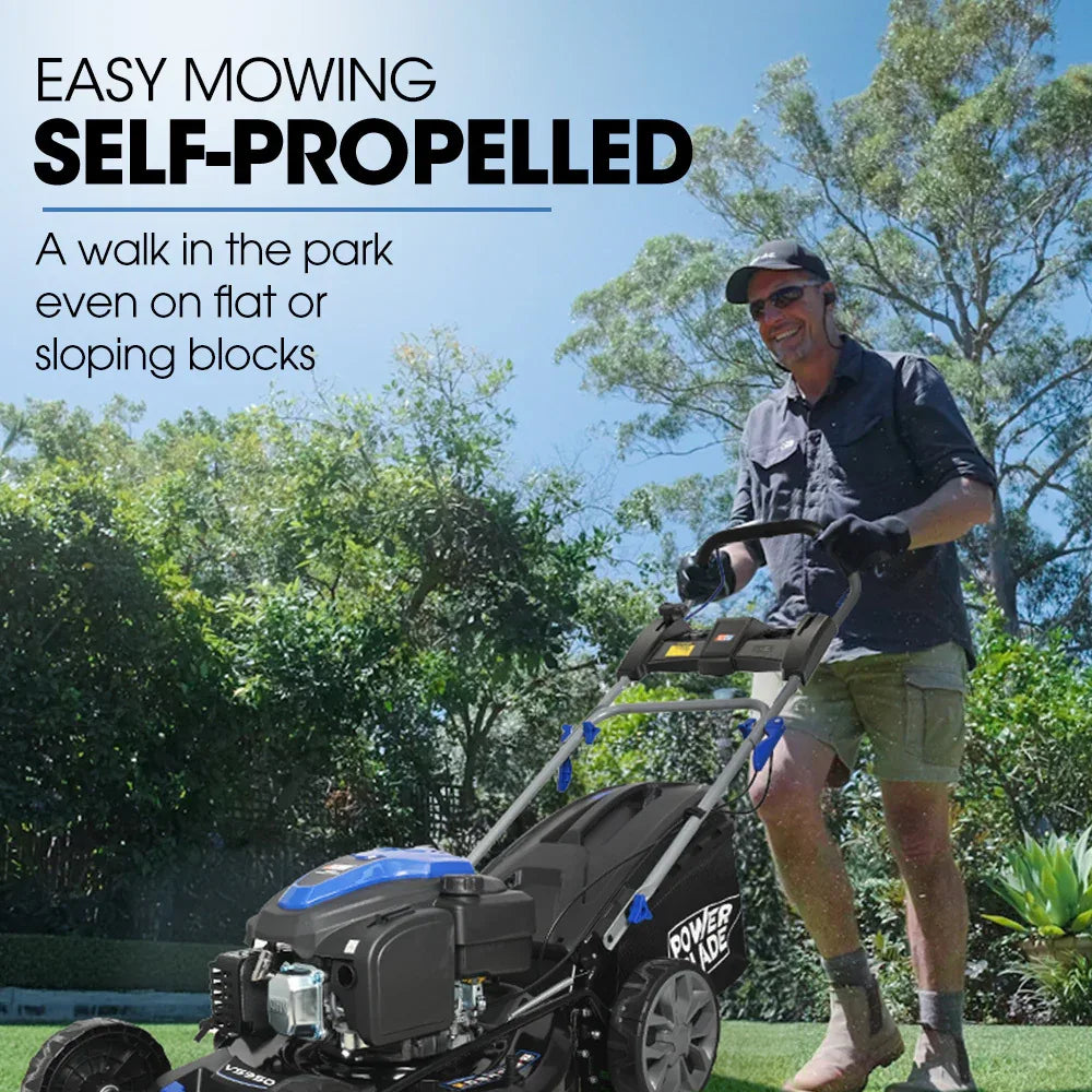 POWERBLADE 20" 200cc Self-Propelled Lawn Mower, Electric Start, 7 Height, Steel Deck, Deck Wash Port, OHV 4-Stroke Petrol - VS950 - Mekamart Australia