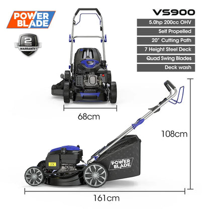 PowerBlade 20" 200cc Self-Propelled Lawn Mower, 7 Height, Steel Deck, Deck Wash Port, OHV 4-Stroke Petrol - VS900 - Mekamart Australia