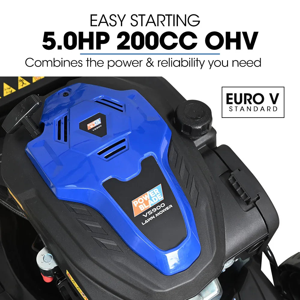 PowerBlade 20" 200cc Self-Propelled Lawn Mower, 7 Height, Steel Deck, Deck Wash Port, OHV 4-Stroke Petrol - VS900 - Mekamart Australia