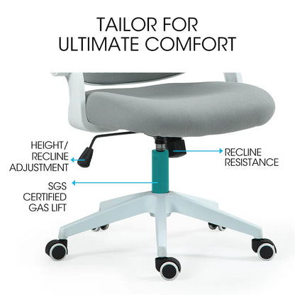 Fortia Ergonomic Office Desk Chair, Coolmesh Fabric, Adjustable Recline, Grey Mesh/White Frame - Mekamart Australia