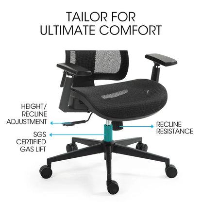 Fortia Ergonomic Office Desk Chair, Coolmesh Fabric, Adjustable Lumbar Support, Headrest, Armrest and Recline, Black Mesh/Black Frame - Mekamart Australia