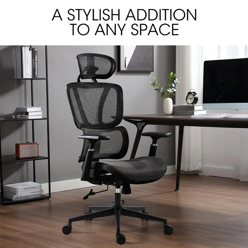 Fortia Ergonomic Office Desk Chair, Coolmesh Fabric, Adjustable Lumbar Support, Headrest, Armrest and Recline, Black Mesh/Black Frame - Mekamart Australia