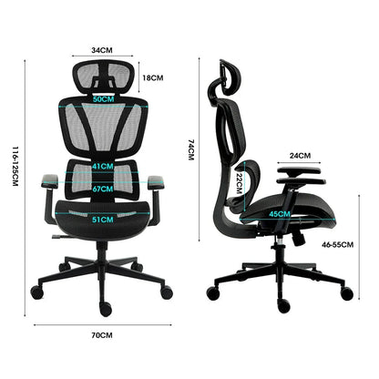 Fortia Ergonomic Office Desk Chair, Coolmesh Fabric, Adjustable Lumbar Support, Headrest, Armrest and Recline, Black Mesh/Black Frame - Mekamart Australia