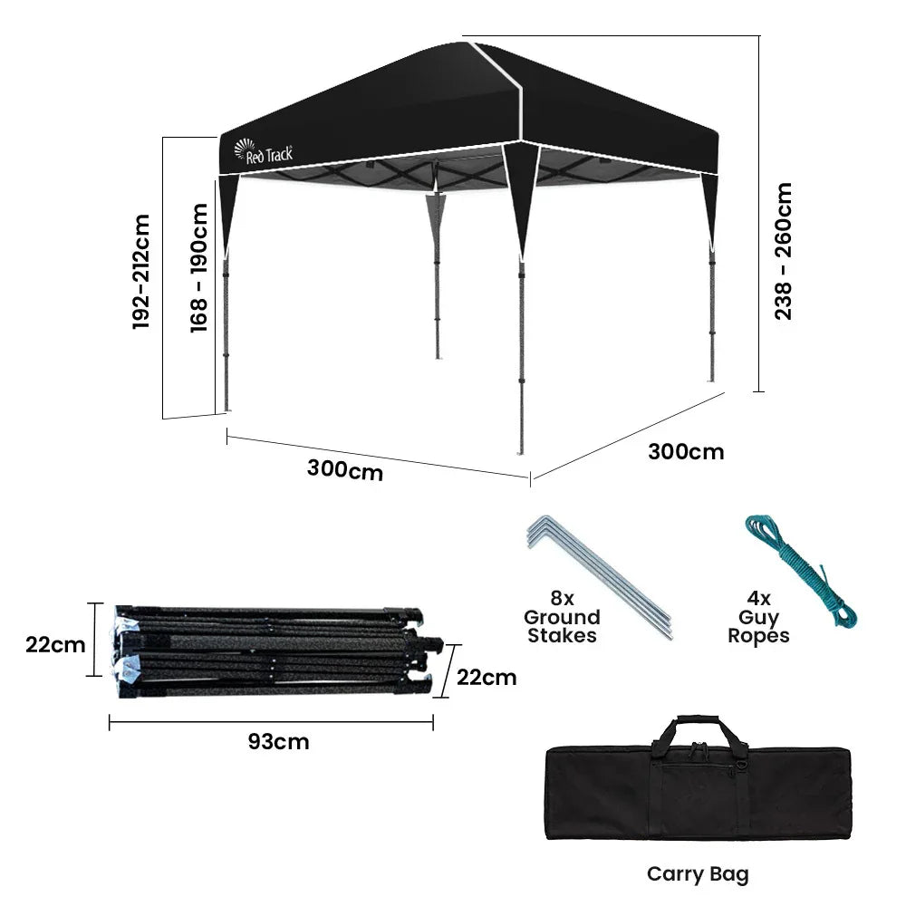RED TRACK 3x3m Ultra Compact Folding Gazebo, Carry bag, Portable Outdoor Popup Marquee for Camping Beach, Black - Mekamart Australia