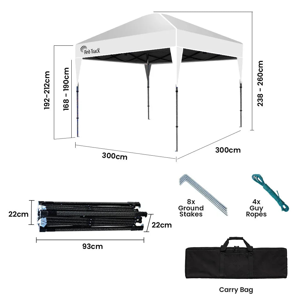 RED TRACK 3x3m Ultra Compact Folding Gazebo, Carry bag, Portable Outdoor Popup Marquee for Camping Beach, White - Mekamart Australia