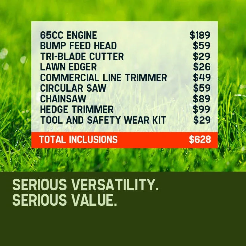 BAUMR-AG 65cc 7in1 Long Reach Garden Multi-tool, Pole Saw, Hedge & Line Trimmer, Brush Cutter, 12" Tree Trimming Pruning Chainsaw Bar, 2 Extension Shafts - Mekamart Australia