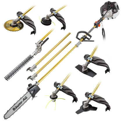 BAUMR-AG 65cc 7in1 Long Reach Garden Multi-tool, Pole Saw, Hedge & Line Trimmer, Brush Cutter, 12" Tree Trimming Pruning Chainsaw Bar, 2 Extension Shafts - Mekamart Australia