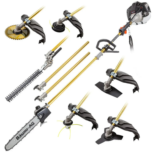 BAUMR-AG 65cc 7in1 Long Reach Garden Multi-tool, Pole Saw, Hedge & Line Trimmer, Brush Cutter, 12" Tree Trimming Pruning Chainsaw Bar, 2 Extension Shafts - Mekamart Australia