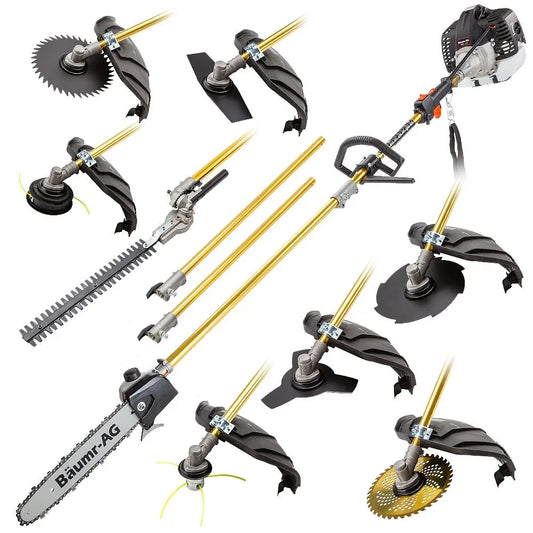 BAUMR-AG 65cc 9in1 Long Reach Garden Multi-tool, Pole Saw, Hedge & Line Trimmer, Brush Cutter, 12" Tree Trimming Pruning Chainsaw Bar, 2 Extension Shafts - Mekamart Australia