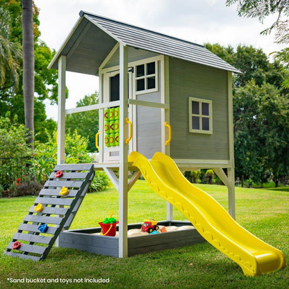 ROVO KIDS Wooden Tower Cubby House with Slide, Sandpit, Climbing Wall, Noughts & Crosses - Mekamart Australia