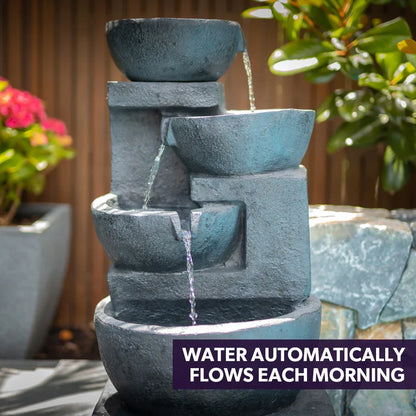 PROTEGE Solar Fountain Water Feature Outdoor 4 Bowl with LED Lights - Charcoal - Mekamart Australia
