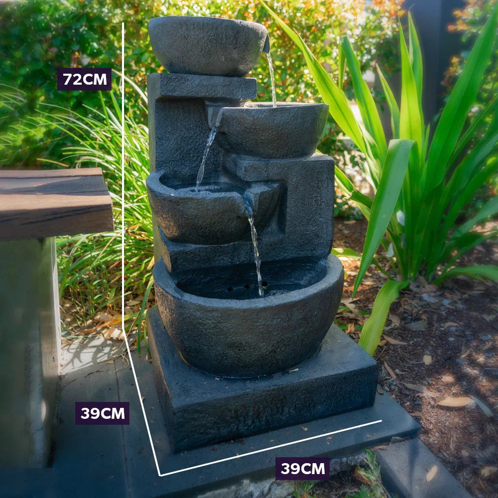 PROTEGE Solar Fountain Water Feature Outdoor 4 Bowl with LED Lights - Charcoal - Mekamart Australia