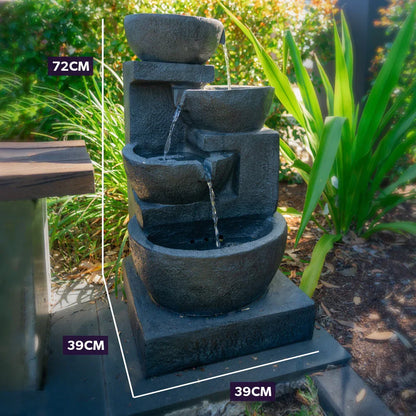 PROTEGE Solar Fountain Water Feature Outdoor 4 Bowl with LED Lights - Charcoal - Mekamart Australia
