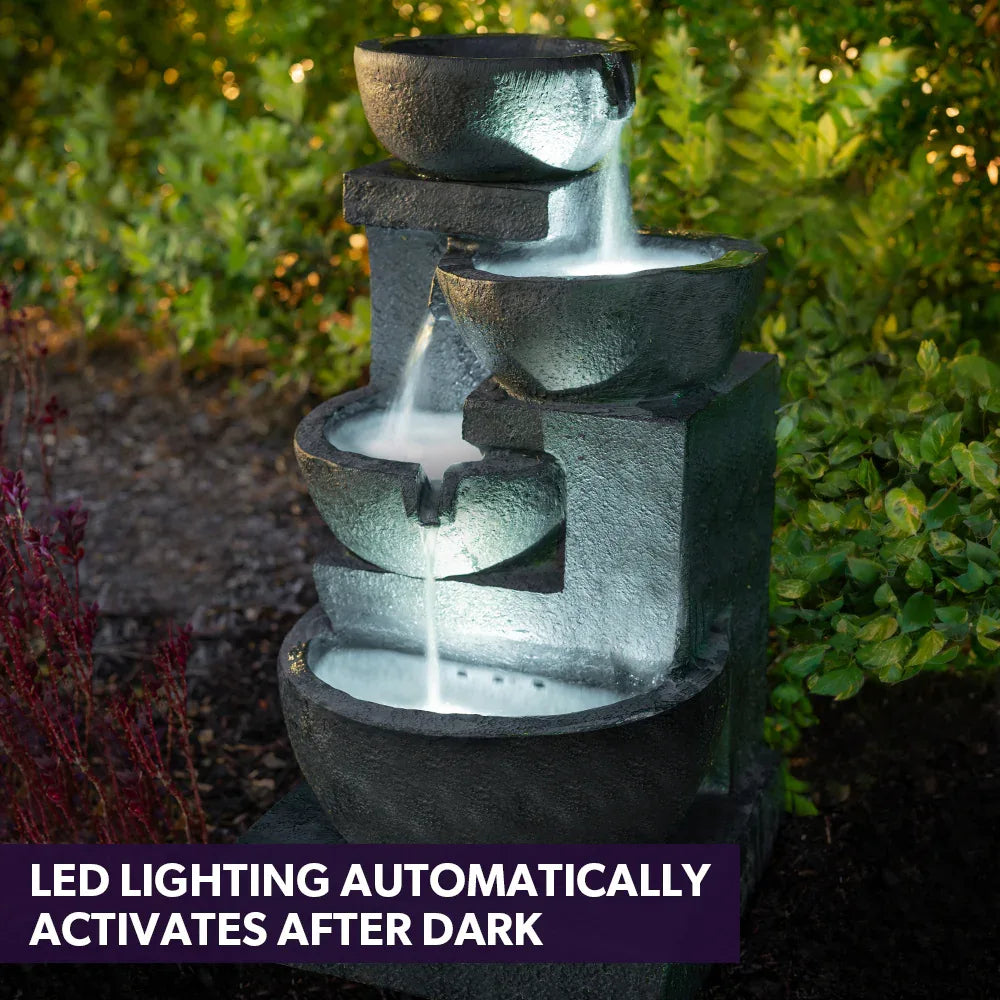 PROTEGE Solar Fountain Water Feature Outdoor 4 Bowl with LED Lights - Charcoal - Mekamart Australia