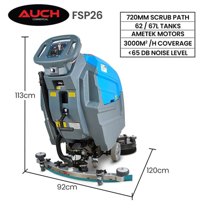 Auch FSP26 Self-Propelled Floor Scrubber & Dryer, 720mm, Battery Powered, Walk Behind, Multi-purpose Commercial Grade Machine - Mekamart Australia