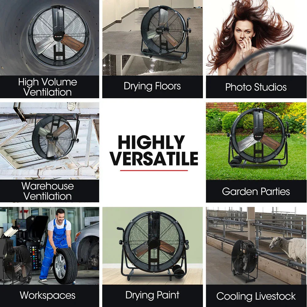 BAUMR-AG 24" 610mm 260W Industrial Mobile Floor Drum Fan, Tilting, Large, Commercial, Heavy-duty Frame, EESS Certified - Mekamart Australia