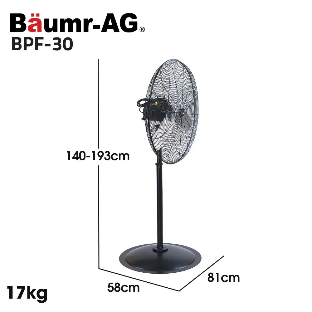 BAUMR-AG 30" 762mm 300W Industrial Pedestal Fan, Large, Commercial, Heavy-duty, 3 Speed, EESS Certified - Mekamart Australia