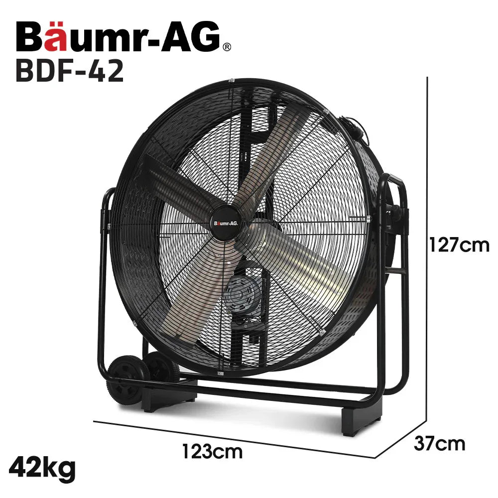 BAUMR-AG 42" 1067mm 660W Industrial Mobile Floor Drum Fan, Belt Drive, Tilting, Large, Commercial, Heavy-duty Frame, EESS Certified - Mekamart Australia