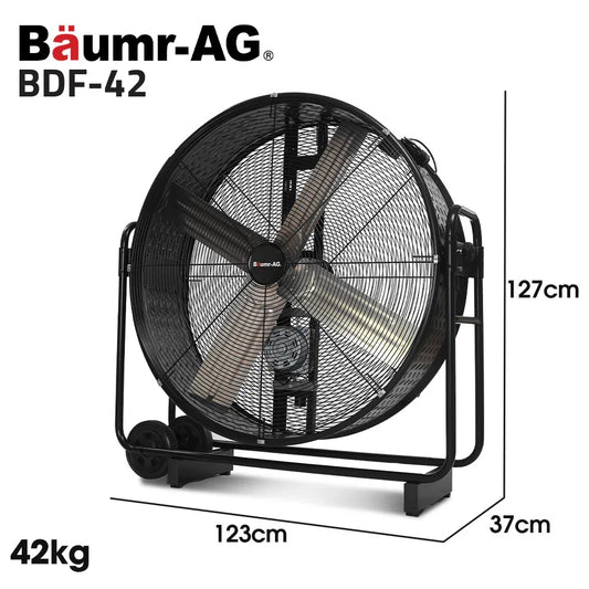 BAUMR-AG 42" 1067mm 660W Industrial Mobile Floor Drum Fan, Belt Drive, Tilting, Large, Commercial, Heavy-duty Frame, EESS Certified - Mekamart Australia