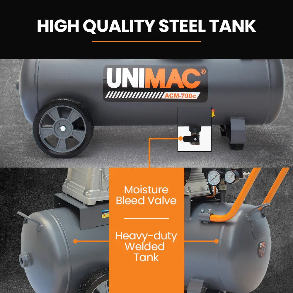 Unimac 70L 2.2kW Commercial Air Compressor, 280L/min 116PSI, Brushless Motor, Certified Tank, Long Service Life - Mekamart Australia