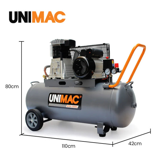 Unimac 100L 2.6kW Industrial Air Compressor, 370L/min 116PSI, Brushless Motor, Long Service Life, Certified Tank, 15A Plug - Mekamart Australia
