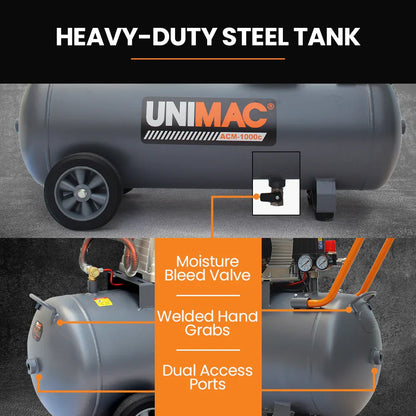 Unimac 100L 2.6kW Industrial Air Compressor, 370L/min 116PSI, Brushless Motor, Long Service Life, Certified Tank, 15A Plug - Mekamart Australia
