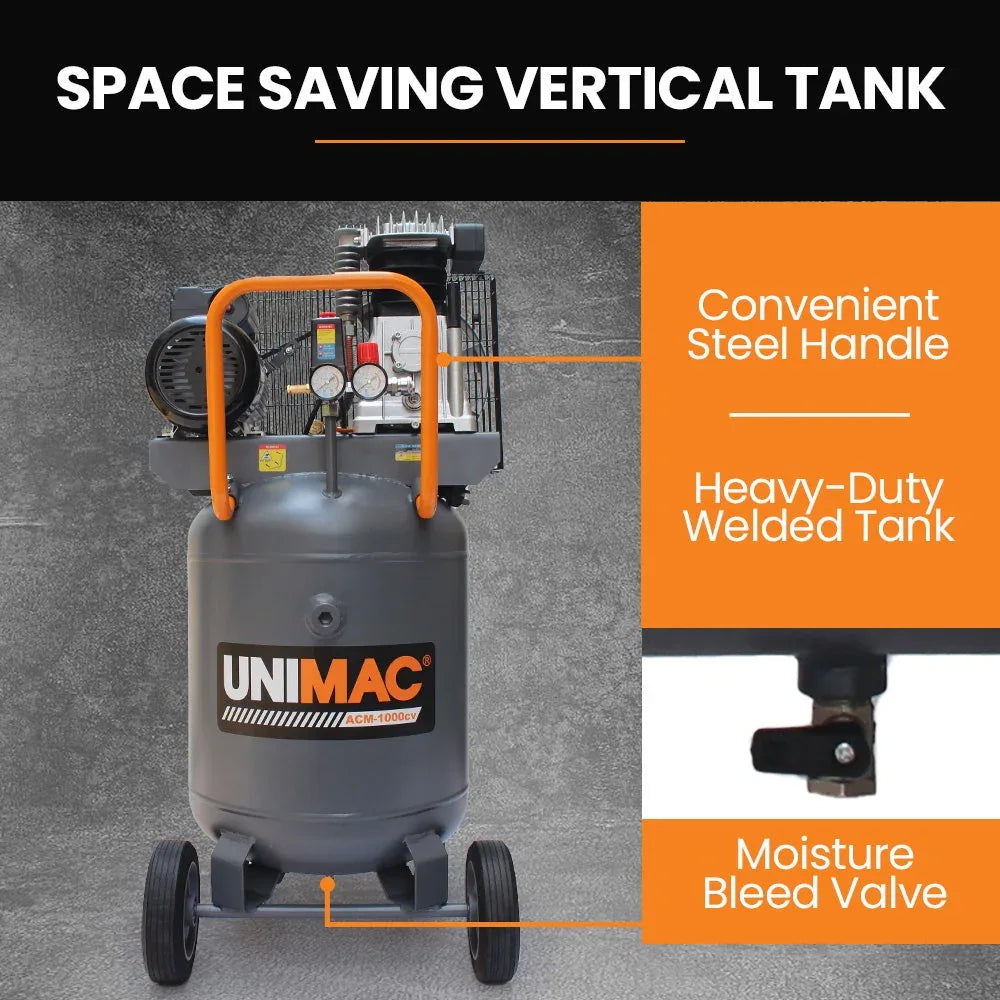 Unimac 100L 2.6kW Industrial Air Compressor, 370L/min 116PSI, Brushless Motor, Long Service Life, Certified Vertical Tank, 15A Plug - Mekamart Australia