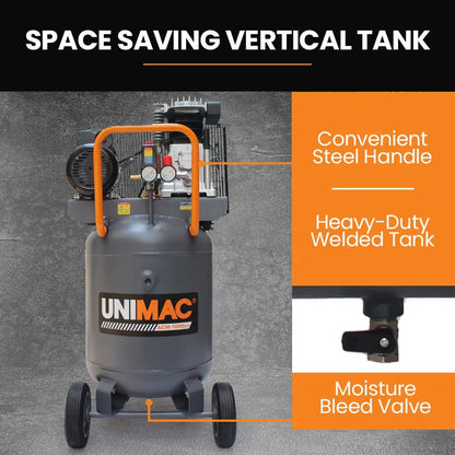 Unimac 100L 2.6kW Industrial Air Compressor, 370L/min 116PSI, Brushless Motor, Long Service Life, Certified Vertical Tank, 15A Plug - Mekamart Australia