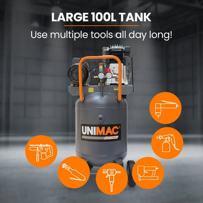 Unimac 100L 2.6kW Industrial Air Compressor, 370L/min 116PSI, Brushless Motor, Long Service Life, Certified Vertical Tank, 15A Plug - Mekamart Australia
