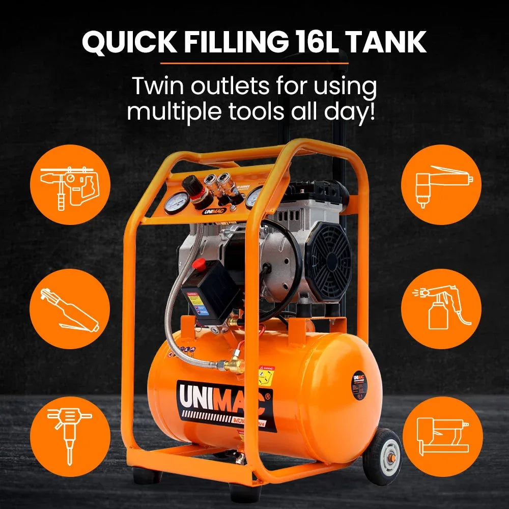 Unimac 16L Silent Oil-Free Electric Air Compressor, 116PSI Portable with Wheels and Handle, Twin Nitto Outlets for Airtools, Tyre Inflation - Mekamart Australia