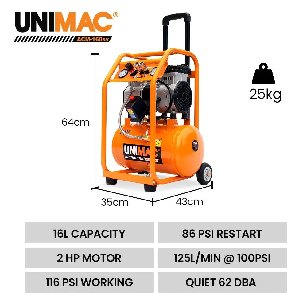 Unimac 16L Silent Oil-Free Electric Air Compressor, 116PSI Portable with Wheels and Handle, Twin Nitto Outlets for Airtools, Tyre Inflation - Mekamart Australia