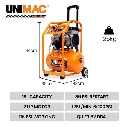 Unimac 16L Silent Oil-Free Electric Air Compressor, 116PSI Portable with Wheels and Handle, Twin Nitto Outlets for Airtools, Tyre Inflation - Mekamart Australia