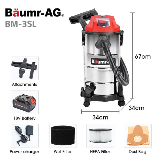 BAUMR-AG 30L Cordless Wet & Dry Vacuum Cleaner Kit, with 4Ah battery and Charger, Blower, HEPA Filter, Accessories, Stainless Steel, for Car, Home, Garage - Mekamart Australia