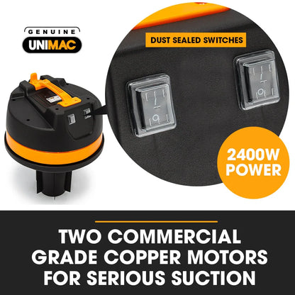 UNIMAC 100L 2400W Wet and Dry Vacuum Cleaner, Heavy-Duty Dual Copper Motors, Accessory Set, for Workshop Car Carpet - Mekamart Australia
