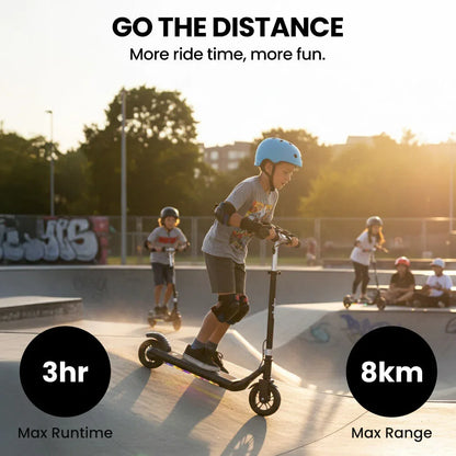 ALPHA Edge Electric Scooter Kids/Teens, 16km/h Max, Adjustable Height, UL Certified, AU Compliant, Dual Brakes, Bluetooth Music, LED, Black - Mekamart Australia