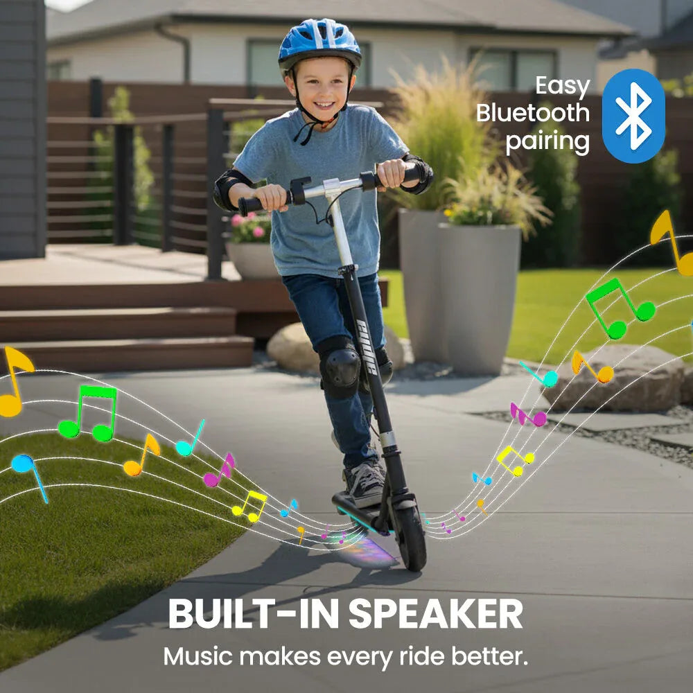 ALPHA Edge Electric Scooter Kids/Teens, 16km/h Max, Adjustable Height, UL Certified, AU Compliant, Dual Brakes, Bluetooth Music, LED, Black - Mekamart Australia