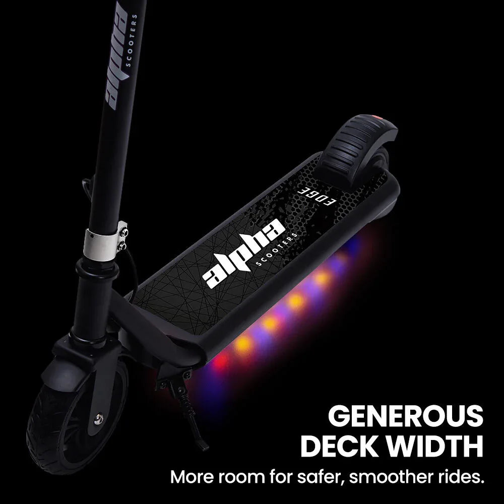 ALPHA Edge Electric Scooter Kids/Teens, 16km/h Max, Adjustable Height, UL Certified, AU Compliant, Dual Brakes, Bluetooth Music, LED, Black - Mekamart Australia