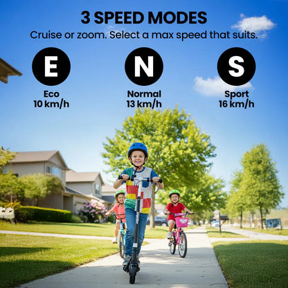 ALPHA Edge Electric Scooter Kids/Teens, 16km/h Max, Adjustable Height, UL Certified, AU Compliant, Dual Brakes, Bluetooth Music, LED, Black - Mekamart Australia