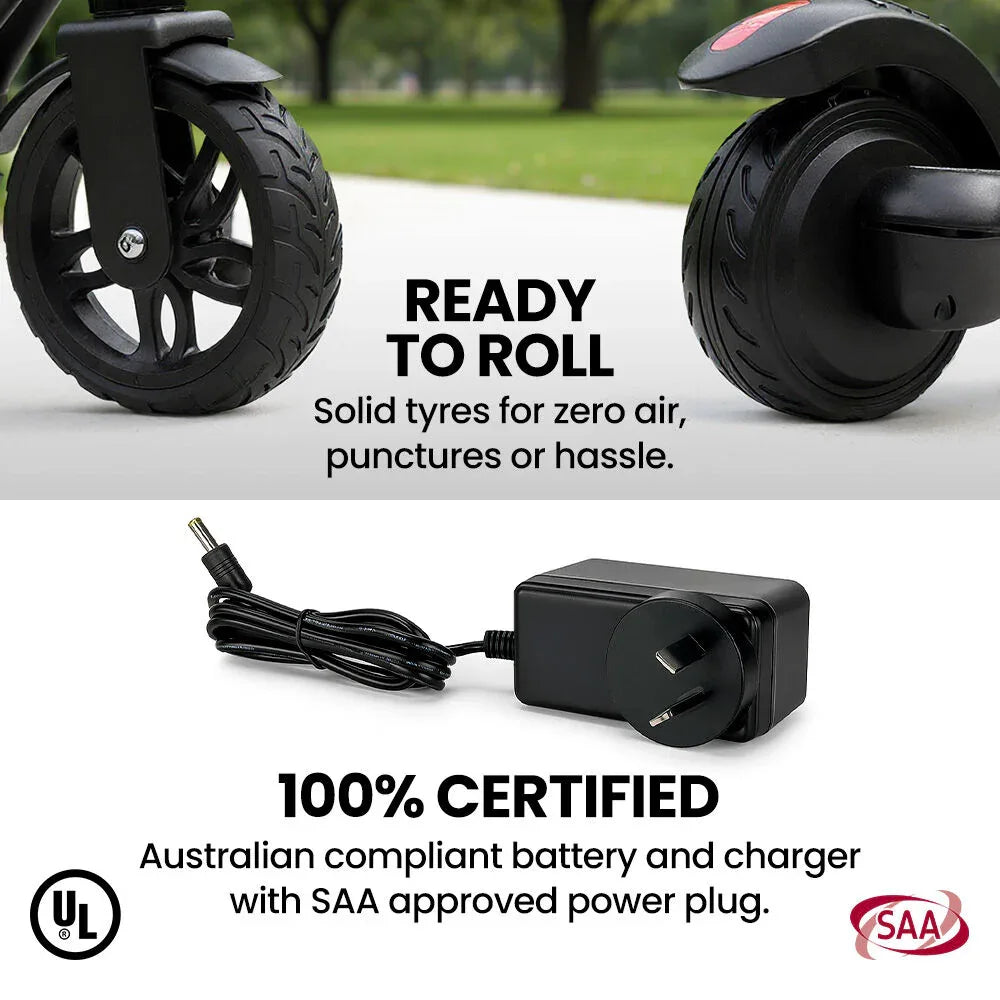 ALPHA Edge Electric Scooter Kids/Teens, 16km/h Max, Adjustable Height, UL Certified, AU Compliant, Dual Brakes, Bluetooth Music, LED, Black - Mekamart Australia