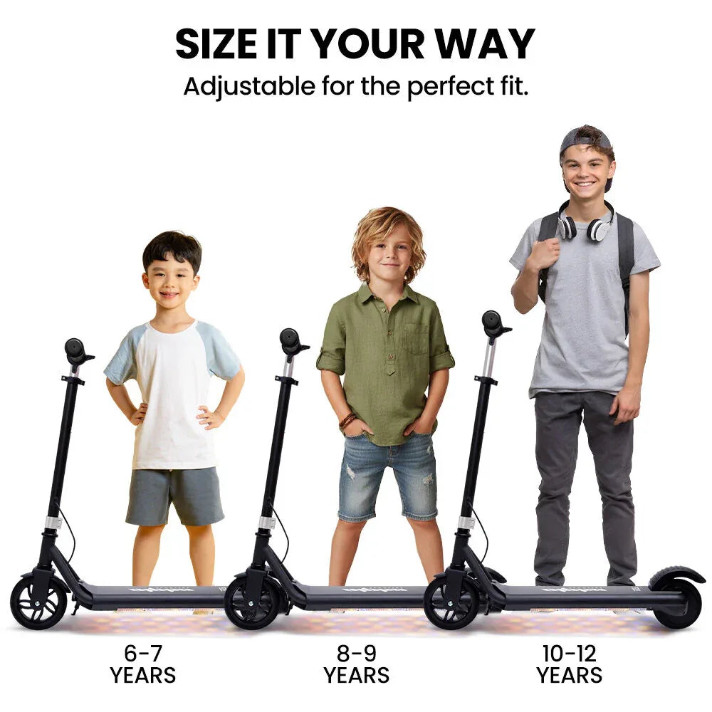 ALPHA Edge Electric Scooter Kids/Teens, 16km/h Max, Adjustable Height, UL Certified, AU Compliant, Dual Brakes, Bluetooth Music, LED, Black - Mekamart Australia