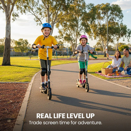 ALPHA Edge Electric Scooter Kids/Teens, 16km/h Max, Adjustable Height, UL Certified, AU Compliant, Dual Brakes, Bluetooth Music, LED, Black - Mekamart Australia