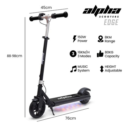 ALPHA Edge Electric Scooter Kids/Teens, 16km/h Max, Adjustable Height, UL Certified, AU Compliant, Dual Brakes, Bluetooth Music, LED, Black - Mekamart Australia