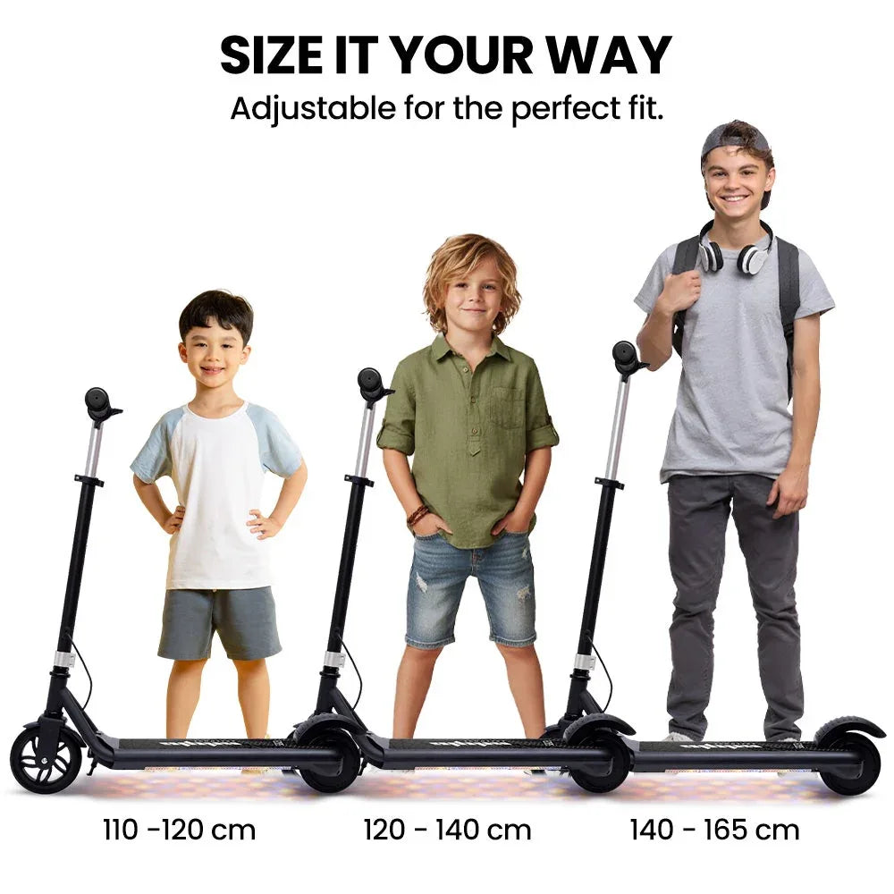 ALPHA Edge Electric Scooter Kids/Teens, 16km/h Max, Adjustable Height, UL Certified, AU Compliant, Dual Brakes, Bluetooth Music, LED, Black - Mekamart Australia